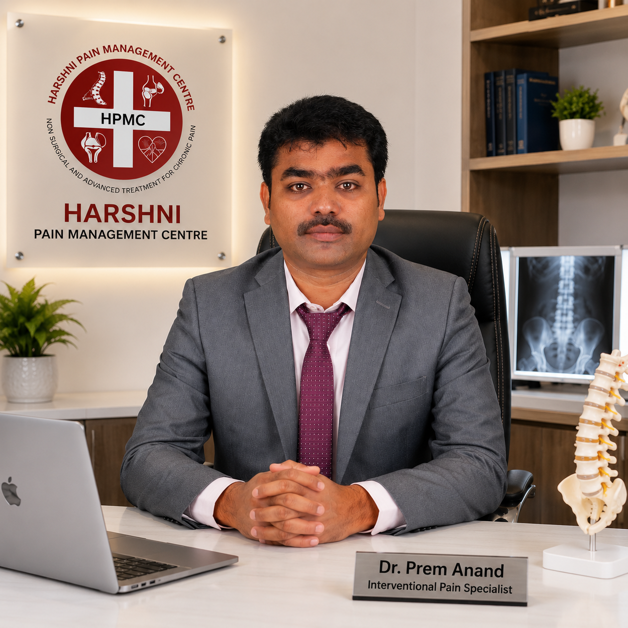 Professional portrait of the pain management specialist in a modern clinical setting
